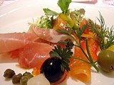 Salad with ham and smoked salmon