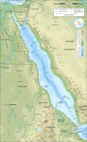 Carte topographique de la mer Rouge avec sur sa rive occidentale l'Itbay légendé « collines de la mer Rouge ».