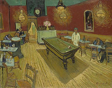 Cafeneaua de noapte de Vincent van Gogh, 1888, folosește roșu și verde pentru a exprima ceea ce Van Gogh numea „teribilele patimi umane”.