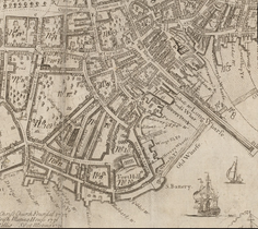 Detail of 1743 map of Boston, showing Long Lane and vicinity