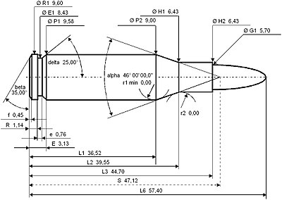 ภาพร่างแสดงขนาดสัดส่วนต่างๆของกระสุน 5.56×45 มม.