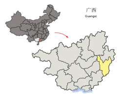 Wuzhoun sijainti Guangxissa, alla sijainti Kiinassa.