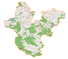 Mapa konturowa powiatu polkowickiego, w centrum znajduje się punkt z opisem „Ratusz w Polkowicach”