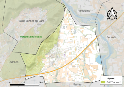 Carte de la ZNIEFF de type 2 sur la commune.