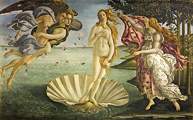 Painting of a nude young woman in a shell on the sea