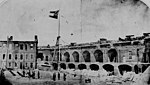 Panormanic View of Left shoulder Angle at left with a 2nd Hot Shot furnace and Left face at right; Ft Sumter 1861; flying the Confederate Flag