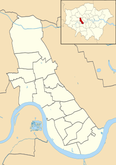 Mapa konturowa gminy Hammersmith and Fulham, blisko centrum na dole znajduje się punkt z opisem „West Kensington”