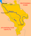 Mapa en rusu del ríu Mezén onde apaecen dos ciudaes d'esti óblast: Leshukonskoye (Лешуконское) y Mezén (Мезень)