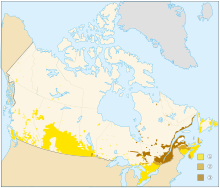Map of Canada showing distribution of English-speaking, French-speaking and bilingual residents