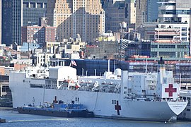 A US Navy Comfort Ship docked in New York City during the pandemic.[83]