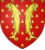 Blason avec 2 poissons jaunes adossés debout sur fond rouge parsemé de trèfles jaunes