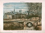 Jeker en half gesloopte Sint-Pieterspoort, kleurenlitho, ca. 1868