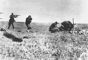 Judeus de Kiev sendo executados por membros do Einsatzgruppen, próximo a Ivangorod, Ucrânia. Na imagem, uma mãe com uma criança no colo enquanto um soldado alemão se prepara para executa-la.