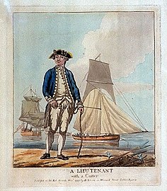 L'uniforme di un tenente della Royal Navy (1777). Il blu marino divenne il colore ufficiale delle uniformi della Royal Navy nel 1748.