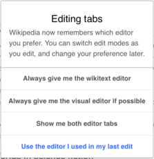 Screenshot showing a pop-up dialog for switching from the wikitext editor to the visual editor