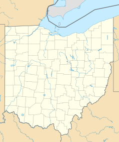 Mapa konturowa Ohio, u góry nieco na prawo znajduje się punkt z opisem „Elyria”