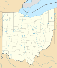 Mapa konturowa Ohio, po prawej nieco u góry znajduje się punkt z opisem „Lakemore”