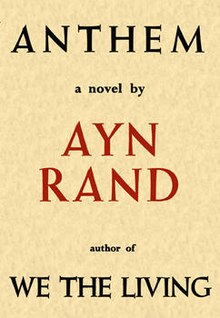 Against a tan background, serif text reading "ANTHEM [line break] a novel by [line break] AYN [line break] RAND [line break] author of [line break] WE THE LIVING". "Ayn Rand" is in red text; the rest is in black text.