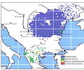 Distribuția etnică a românilor în Europa de est și sud-est la 1934 (pe această hartă etnică sunt marcați aromânii, megleno-românii și istro-românii de asemenea)