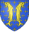 Blason avec 2 poissons jaunes adossés debout sur fond bleu parsemé de croix jaunes