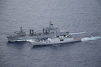 Shivalik undergoing replenishment from HMAS Stalwart during a Malabar exercise.