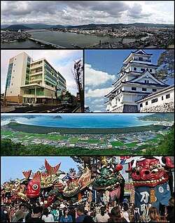 Top: View of Matsuura River and downtown Karatsu 2nd left: Oteguchi Bus Terminal, 2nd right:Karatsu Castle 3rd: Nijinomatsubara pine forest area Bottom: Karatsu Kunchi in November.