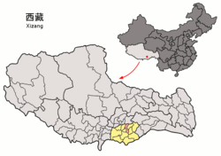 Location of Nêdong (red) within Shannan City (yellow) and the Tibet Autonomous Region