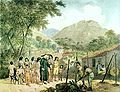 Aldeia dos Tapuias, com um padre no centro, pintado por Rugendas, por volta de 1820.