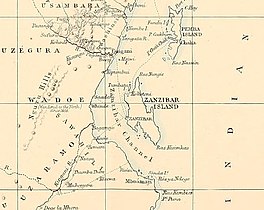 Image of old map of Tanzania coast from 1800s.