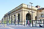 Newcastle station's main entrance portico, located on Neville Street, in 2018