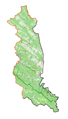 Mapa konturowa powiatu bieszczadzkiego, na dole znajduje się punkt z opisem „Bereżki”