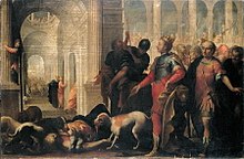 pintura do corpo morto de Jezabel sendo consumida por cachorros enquanto Jeú gesticula em seu corpo em triunfo
