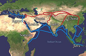 Заблоковані османами Великий шовковий шлях (червоний) та шляхи доставки спецій (синій)
