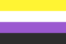 yatay 4 eşit parçaya bölünmüş,en üstte sarı, altında beyaz, altında mor ve en altta siyah olan dikdörtgen bir bayrak