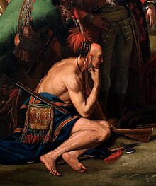 Un dettaglio del dipinto storico neoclassico di Benjamin West, La morte del generale Wolfe (1771), raffigurante un indigeno americano idealizzato. Un esempio della romanticizzazione delle popolazioni indigene e non occidentali.