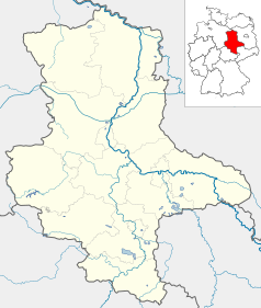 Mapa konturowa Saksonii-Anhaltu, blisko górnej krawiędzi znajduje się punkt z opisem „Seehausen (Altmark)”