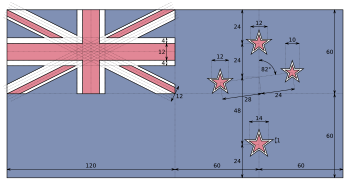 Konstruksie-blad vir die ontwerp van die Nieu-Seelandse vlag. Die hoogte van die vlag is twee maal die breedte daarvan