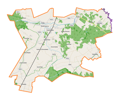 Mapa konturowa gminy Ruda-Huta, blisko centrum na dole znajduje się punkt z opisem „Żalin”