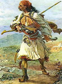 Tableau ancien ; homme en jupe blanche, armé, dans un paysage de ruines antiques