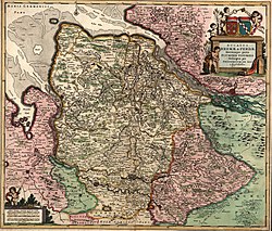 The Duchy of Bremen around 1655, the Imperial City of Bremen is insufficiently demarcated, bottom right in pink the Duchy of Verden