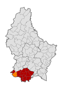 Map of Luxembourg with Differdange highlighted in orange, and the canton in dark red