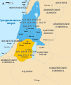 公元前九世纪，南黎凡特地区地图，蓝色为北国以色列，黄色为南国犹大