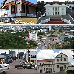 Clockwise from top left: O Casarão (The Old House), The Rio Branco Palace, Partial view of Rio Branco, Our Lady of Nazareth Cathedral and downtown Rio Branco