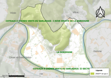 Carte des ZNIEFF de type 2 à La Roque-Gageac.