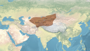 The Chagatai Khanate, with contemporary polities circa 1300, before the expansion of the Timurid Empire into Transoxiana from 1363.[1]