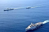 INS Jalashwa with INS Kolkata and Sukanya-class OPV en-route to Maldives.