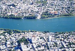 Aerial view of Viedma (top) and Carmen de Patagones.