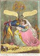 Kartun James Gillray (1803); Perdamaian Amiens, menggambarkan Britannia yang gemuk dan masih gadis mencium "Citizen François"
