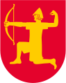 5028 Melhus På rød bunn – i gull, en knestående bueskytter [99] og viser vikinghøvdingen Einar Tambarskjelve som deltok i slaget ved Svolder.