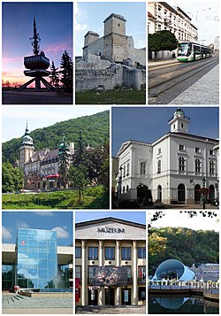 Clockwise from the top left corner: Avas TV Tower, Castle of Diósgyőr, Széchenyi Street, National Theatre of Miskolc, Cave Bath, Ottó Herman Museum, University of Miskolc, Palace Hotel of Lillafüred